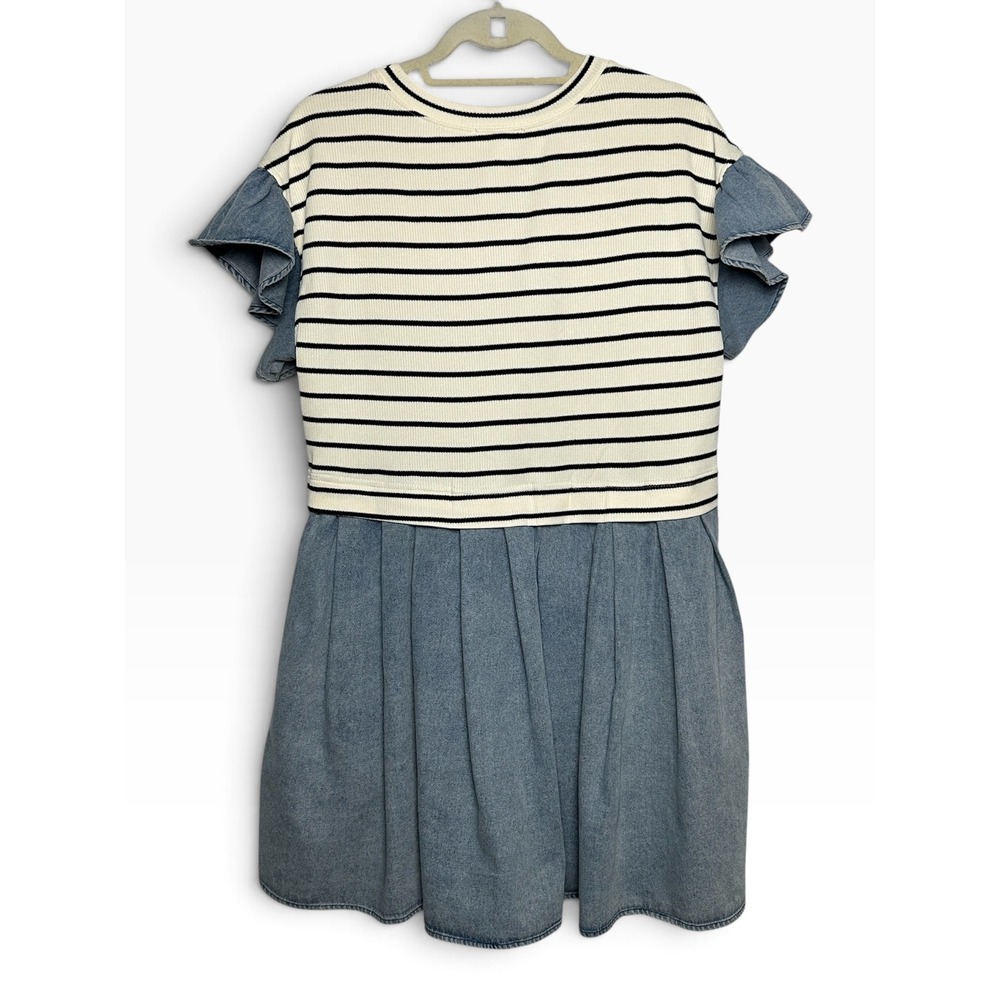 Entro Womens Striped Mixed Media Denim Mini Dress Ruffle Sleeve Blue Cream Small - Picture 3 of 7